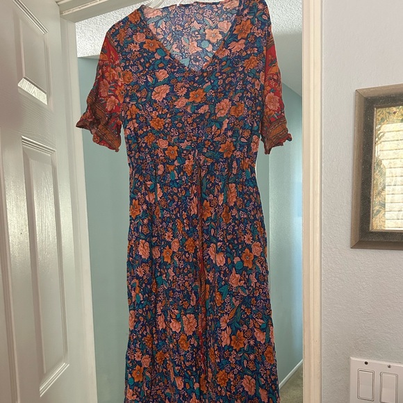 Floral Blue and Orange Fitted Dress - Picture 1 of 4